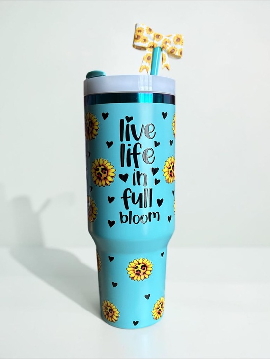 Handmade Other - NEW 40 oz Handmade Sunflower Tumbler with Handle, Straw & Bow Topper